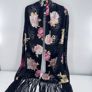 Spiegel 100% Silk Floral Scarf Black Pink Fringe Wrap Whimsigoth   One Size